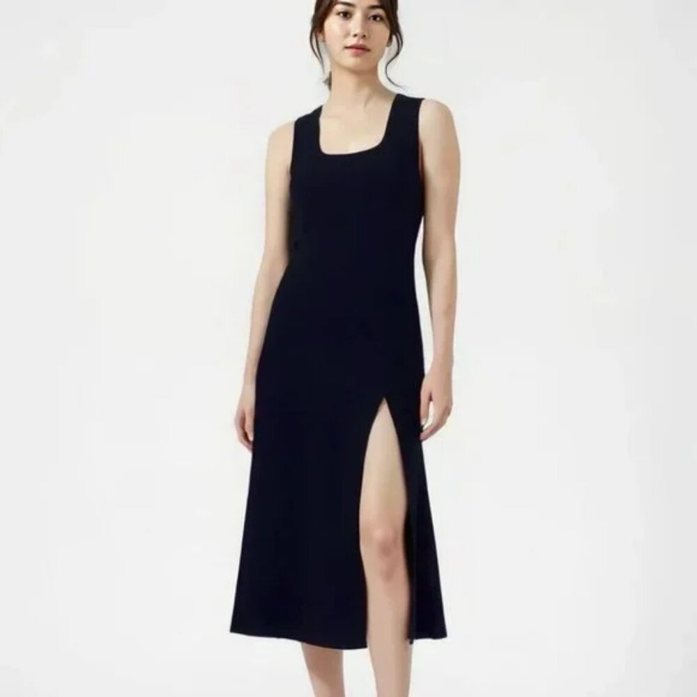 Vintage Armani 80s Navy Blue High Slit Minimalist Structured Fit Flare Dress M 6
